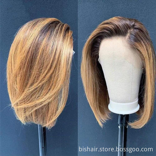 Bob 100% Real Hair Wig Straight Hair Wig 16 Inch Lace Front Wig Hair Brown Mixed Blond Natural Brazil Remy Color Short Wholesale